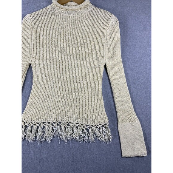 Marco G Sweater Womens Large Beige Fringe Macrame Mock Turtleneck Pullover Boho - Picture 3 of 16
